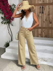 Breezaya Celana Jeans Kasual Potongan Lurus Pinggang Tinggi dengan Lubang Sabuk - Unta - View 3