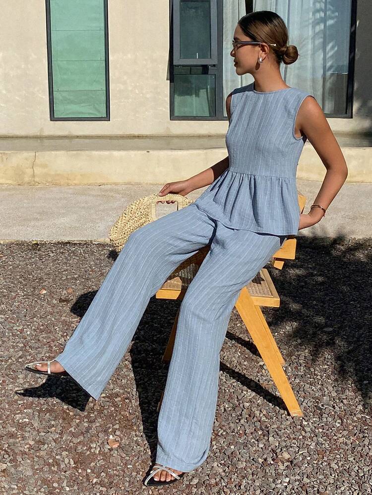 2pcs/Set Women Casual Vacation Tie Waist Bow Strap Loose Tank Top And Straight Leg Pants Suit, Spring/Summer