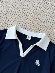 SHEIN Tween Girls White Knit Design Long Sleeve T-Shirt, Fashionable Versatile Casual Basics - Navy Blue - View 3