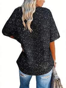 EMERY ROSE 大码女式V领短袖T恤 - 星空印花，可机洗，四季皆宜，睡衣短袖组合，百搭单品，V领上衣，易护理面料 - 黑色 - 查看 2