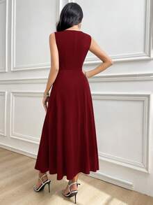 Modelyn Women's Solid Color Round Neck Pleated Sleeveless Elegant Dress - Burgundy - View 5
