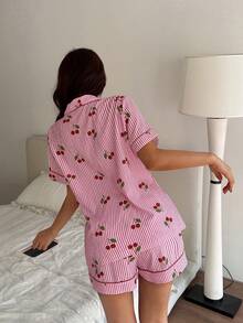 Napfluff 粉色条纹樱桃印花翻领短袖短裤女士睡衣套装 - 粉色 - 查看 3