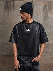 AXEPEAK 男士圆领插肩袖休闲宽松时尚T恤 - 黑色 - 查看 2