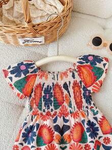 SHEIN Bộ áo liền quần tay ngắn in hoa dễ thương cho bé gái sơ sinh, thích hợp cho mùa hè. - Nhiều màu - Xem 6