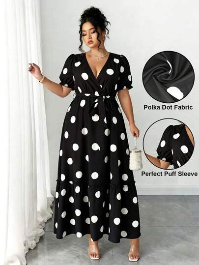Elenzga Women's V-Neck Polka Dot Puff Sleeve Tie Waist Elegant Dress, Spring/Summer