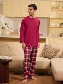 Velminro New Year Red Solid Color Crew Neck Long Sleeve Top And Plaid Print Long Pants Set Men Long Pants Set Men Pajama Set - Red - View 4