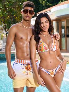 Manfinity VDAYZ Men's Fashion Beach Couple Shorts, Suitable For Summer Beach Vacation, Beach Party Casual Wear, Men's Swimwear, Beach, Men's Holiday, Valentine's Day, Summer, Men's Valentine's Day Matching Swimwear For Couples His And Hers Swim Suit Sets Couple Bathing Suit Set Matching Bikini And Swim Trunks Couples Swimsuits Sets - Apricot - View 4