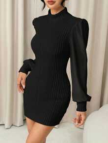 SHEIN PETITE Gaun Kerah Tegak Bergaris Lengan Bishop Warna Hitam, Ukuran Petite untuk Wanita - Hitam - View 9