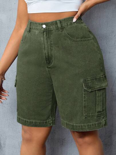 Rivivi Quần short denim nữ cỡ lớn, màu trơn, có túi xéo, kiểu dáng thường ngày, đa năng, có túi.