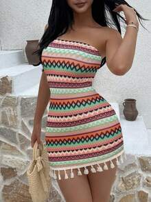 Sunnyshic 欧美风性感女士度假风无肩带修身腰部流苏拼接连衣裙