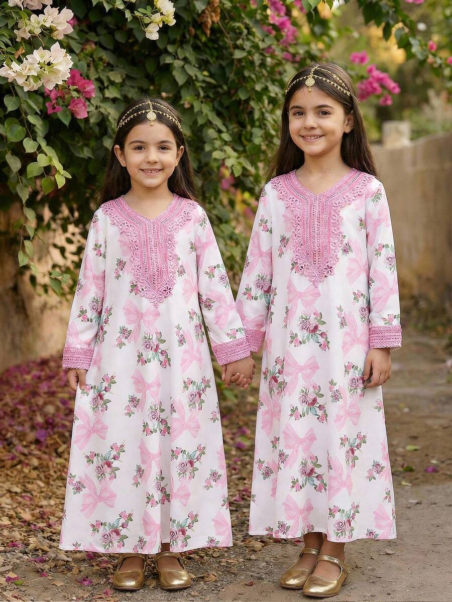 SHEIN Young Girl Pink Bow Tie Dress Ditsy Floral White Autumn Family Matching Elegant Vintage Chiffon Long Sleeve Arabic Abaya Modest Kaftan Kids Jalabiya - Pink - View 1