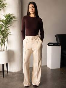 Andrea Bello 女士休闲秋季抽绳腰褶喇叭裤、运动运动裤 - 杏色 - 查看 4