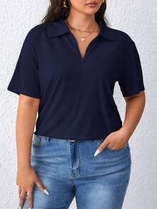 SHEIN Essnce 大码纯色半拉链短袖休闲透气T恤 深蓝色上衣 女士Polo衫 海军蓝上衣 海军蓝上衣 休闲女士Polo衫 海军蓝Polo衫 罗纹针织上衣 休闲上衣 - 藏蓝色 - 查看 4