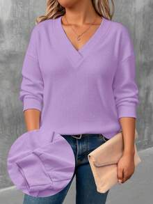 EMERY ROSE Purple Fashionable Plus Size Women V-Neck Long Sleeve T-Shirt - Multicolor - View 1