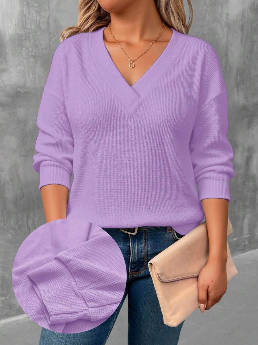 EMERY ROSE Purple Fashionable Plus Size Women V-Neck Long Sleeve T-Shirt - Multicolor - View 1