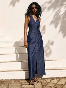 Poéselle 女士纯色V领露背吊带牛仔连衣裙裹身裙 女士连衣裙 吊带连衣裙 长款连衣裙 夏季女士连衣裙 女士夏季套装 女士度假套装 女士服装 连衣裙 女士假日套装 - 深色水洗藍 - 查看 4