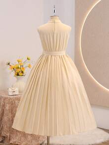 Tween Girls' Elegant Elegant High-End Apricot Sleeveless Round Neck Design Waist Snug Fit Luxurious Pleated Dress - Apricot - View 2