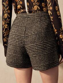 Zovinel 女士休闲、通勤、社交、职场格子短裤，带口袋，秋冬款 - 卡其色 - 查看 2