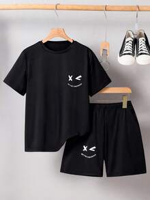 SHEIN Baju Anak Laki-Laki Remaja Perempuan Model Lengan Pendek Kerah Bulat Motif Wajah Warna Biru, Kasual & Serbaguna untuk Pemakaian Sehari-hari, Musim Semi/Panas - Hitam - View 3