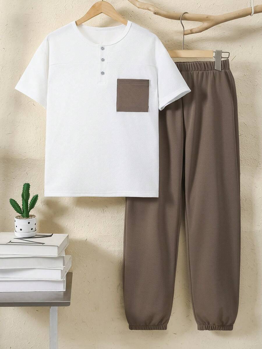 Vacaura 2pcs/Set Teenage Boys' Summer Casual Half-Placket Round Neck Short Sleeve T-Shirt And Drawstring Pants Outfit - Multicolor - View 1