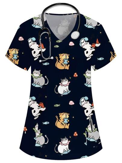 PopScrub Blusa de mujer de cuello en V azul de manga corta con doble bolsillo, con estampado de gatito de dibujos animados, uniforme de enfermera/médica, uniforme quirúrgico/uniforme de unicolor para peluquería de mascotas, blusa de trabajo de nutricionista de manga corta, bata de laboratorio con múltiples bolsillos, uniforme funcional para mujer en vacaciones, adorable