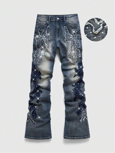 Jeans acampanados para hombres con bordados y decoración de rhinestones