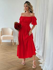 SHEIN LUNE 休闲女士露肩长裙，红色，适合情人节 - 紅色 - 查看 2