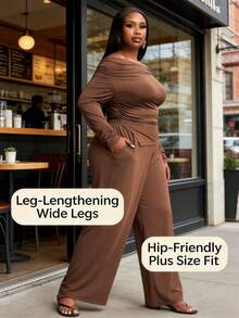 Slaydiva Plus Size Solid Color Casual Minimalist Off-Shoulder Long Sleeve Top And Pants 2-Piece Set - Coffee Brown - View 14