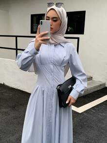 Solavon 女士休闲灯笼袖收腰长款衬衫裙，适合春秋季日常通勤 - 淺藍色 - 查看 5