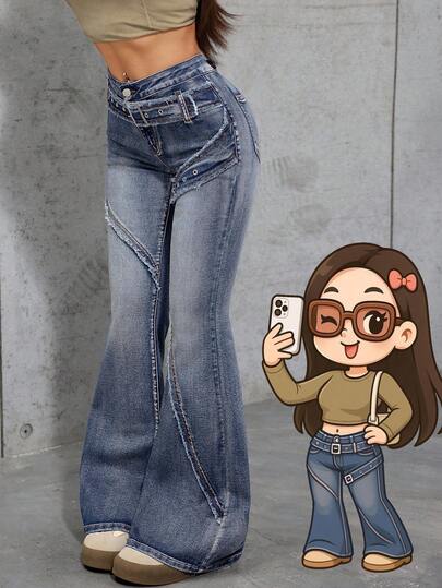 Teen Girls Y2K Vintage Washed Frayed Hem Low Waist Slim Fit Flare Jeans With Waist Buckle Design,Girl Winter And Fall Rave Outfits Festival And Outfits Streetwear School Clothes,Suitable For School, Home And Travel