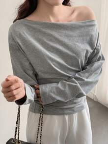 DAZY Asymmetrical Asymmetric Shoulder Design Niche Off-Shoulder Long Sleeve Cinched Waist Batwing Women T-Shirt - Grey - View 4