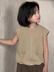 DAZY Girls Solid Color Sleeveless Jacket, Young Girl Fall Clothes - Khaki - View 3