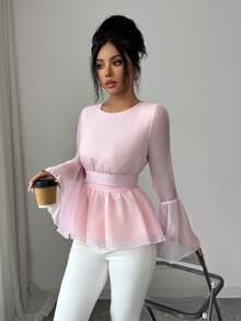 Selianne French Romantic Sweet Pink Round Neck Cinched Waist Flare Sleeve Chiffon Blouse - Baby Pink - View 1