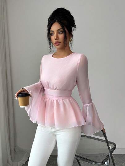 Selianne French Romantic Sweet Pink Round Neck Cinched Waist Flare Sleeve Chiffon Blouse