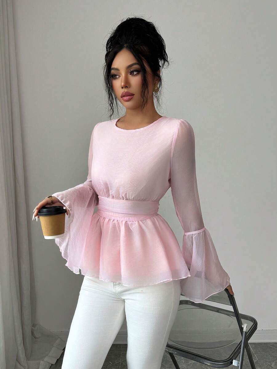 Selianne French Romantic Sweet Pink Round Neck Cinched Waist Flare Sleeve Chiffon Blouse - Baby Pink - View 1