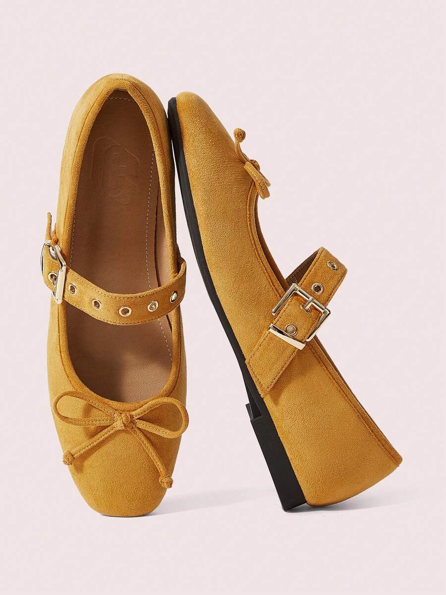 CUCCOO DOLLMOD Mocasines planos casuales con puntera redonda, suela blanda, tira de ante, bloqueo de color, decoración de remache metálico y lazo de ballet para mujer, zapatos de primavera para vacaciones de primavera y Pascua - Amarillo - Ver 1