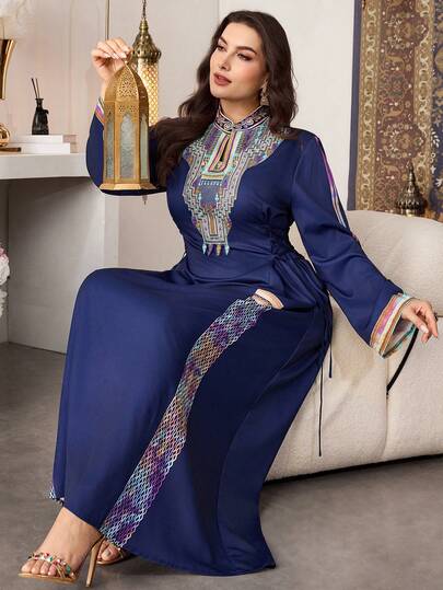 Al Najma Vestido casual de línea A con cuello bordado y cintura con lazo, estilo árabe, para mujer de talla grande, para primavera/otoño