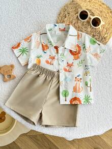 Playful Pals 男婴野生动物印花衬衫和卡其色棉质短裤套装 - 彩色 - 查看 5