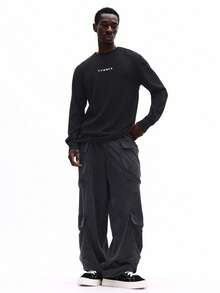 SUMWON Men's Long Sleeve Black Jersey Crew Neck T-Shirt With Small White Chest Logo Print Casual Comfortable Everyday Wear - Black - View 3