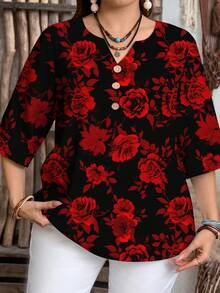 EMERY ROSE 大码复古优雅玫瑰印花休闲简约衬衫，适合约会、情人节、夏季/春季/度假穿着 - 彩色 - 查看 4