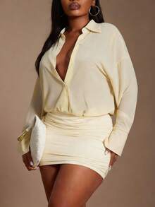 SHEIN SXY 大码女式法式时尚性感飘逸长袖衬衫迷你连衣裙 - 杏色 - 查看 3