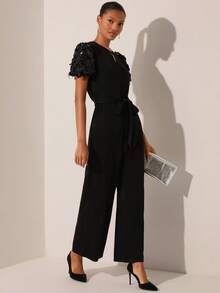 Lilora Women's Elegant Sequins Embellished Short Sleeve Jumpsuit - Black - View 5