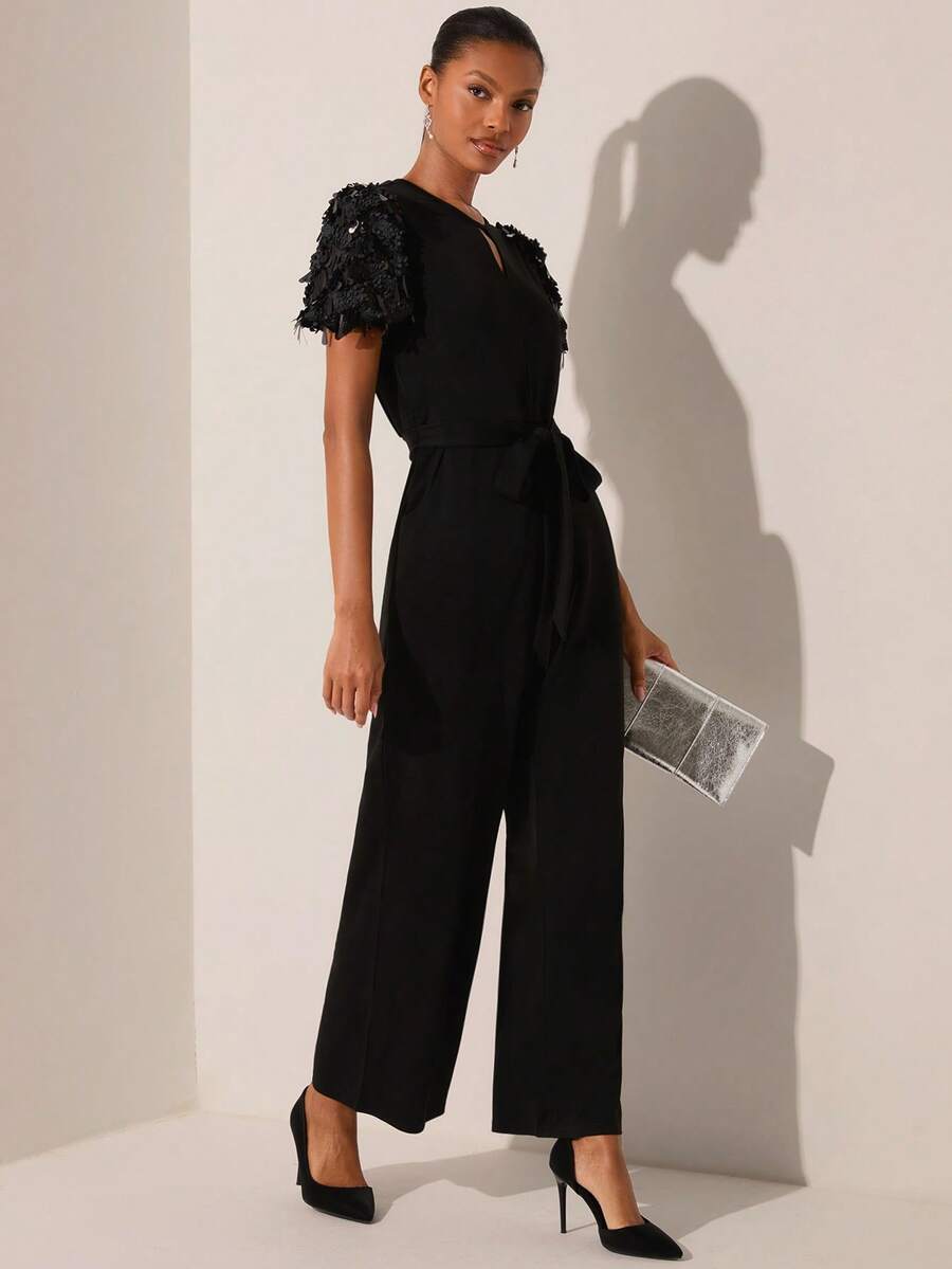 Lilora 女士优雅亮片装饰短袖连体裤 - 黑色 - 查看 1