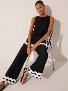 Lilora 女士圆领撞色上衣搭配喇叭裤休闲套装 - 黑色 - 查看 8