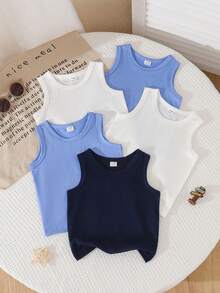 SHEIN 5件套休闲白色针织无袖背心，适合叠穿、外出、休闲穿着、旅行，适合6个月至3岁的男婴。