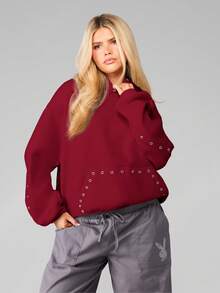MISSGUIDED 酒红色镂空连帽套头衫，饰有金属孔眼，适合休闲冬季街头服饰 - 酒紅色 - 查看 3
