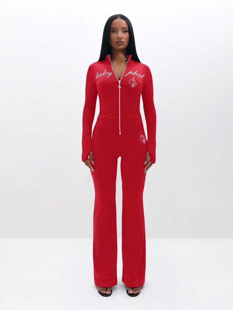 BABYPHAT Pull On Flare Leg Leggings With Cursive Script Print High Waisted Stretchy Pants For Casual Daily Wear