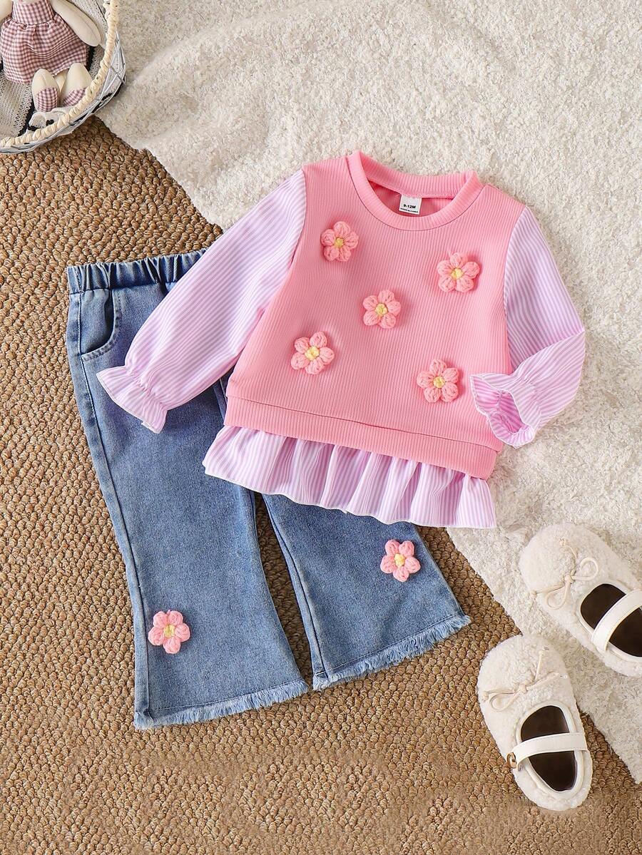 SHEIN Bộ đồ cho bé gái gồm áo tay dài và quần jean kẻ sọc họa tiết hoa dễ thương.