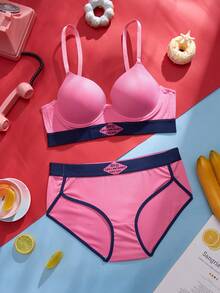 SHEIN 2pcs/Set Valentine's Day Fashion Sporty Contrast Color Women's Bra Set With Steel Rings - Pink - View 1