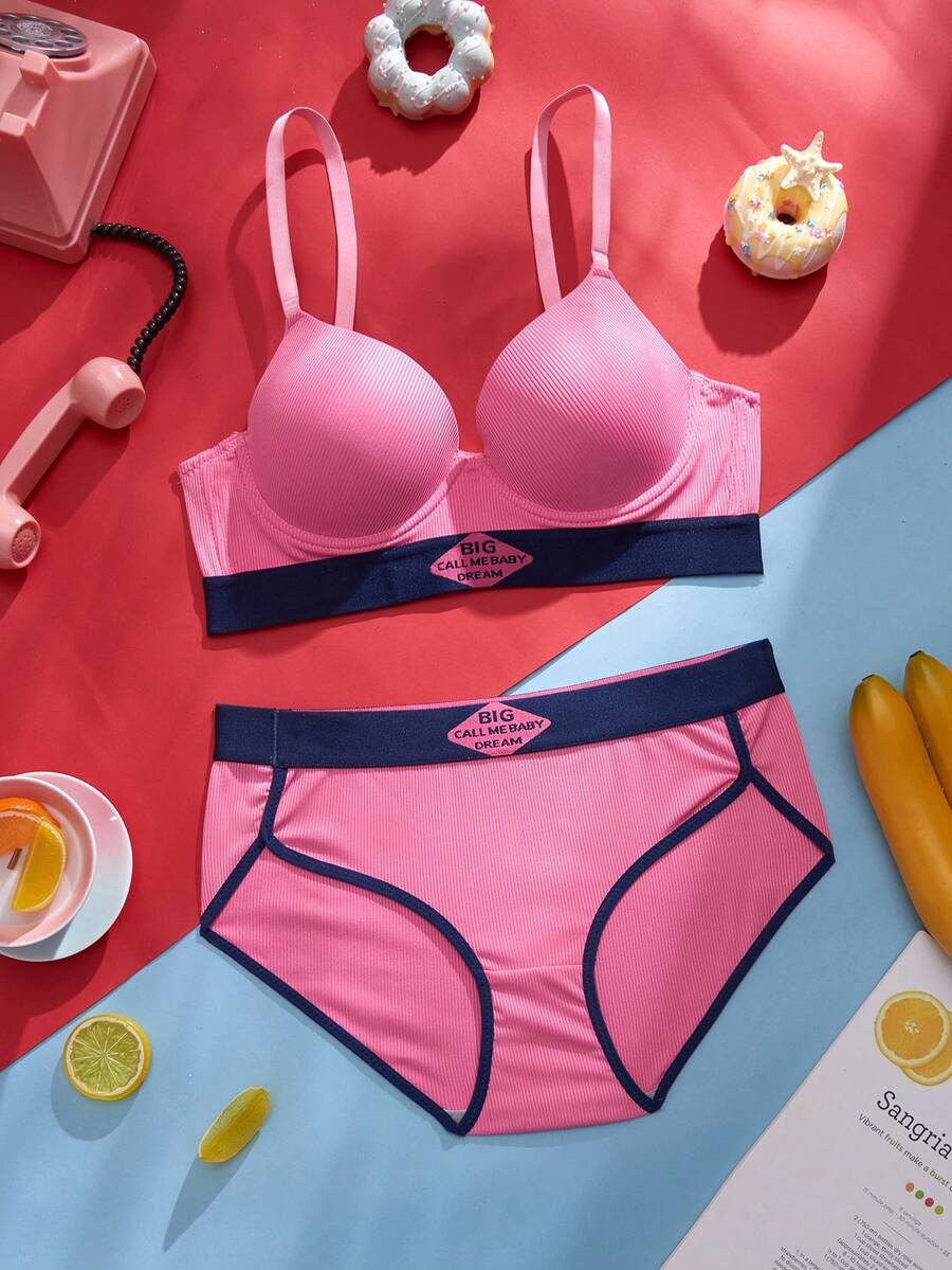 SHEIN 2pcs/Set Valentine's Day Fashion Sporty Contrast Color Women's Bra Set With Steel Rings - Pink - View 1